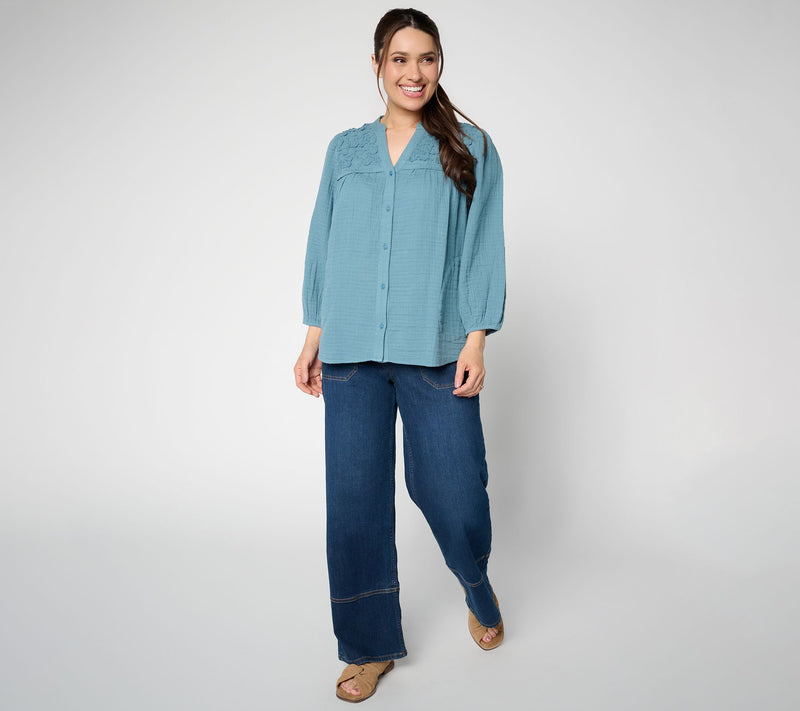 LOGO by Lori Goldstein 100% Cotton Button Front Woven Blouse — View 7