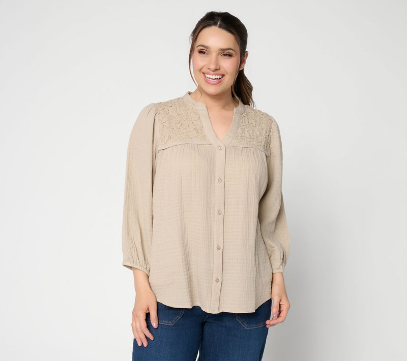 LOGO by Lori Goldstein 100% Cotton Button Front Woven Blouse — View 12