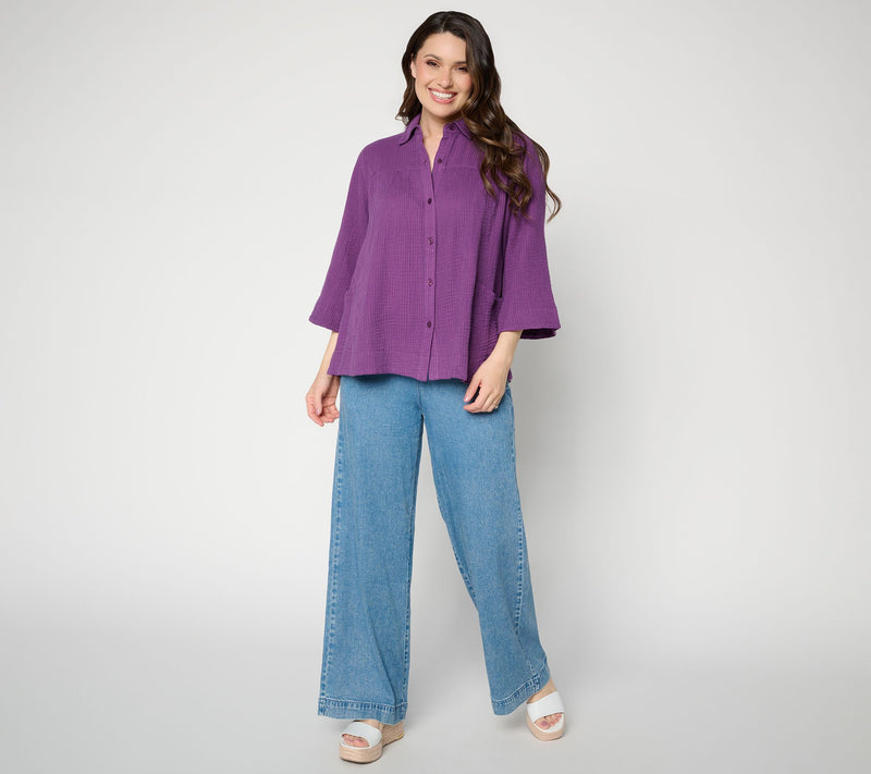 LOGO by Lori Goldstein Regular Chambray Wide Leg Pants — View 9