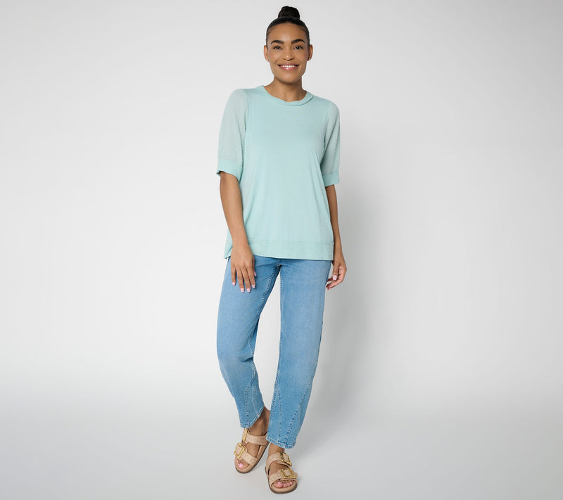 LOGO by Lori Goldstein Rayon 230 Elbow Sleeve Mixed Media Top — View 5