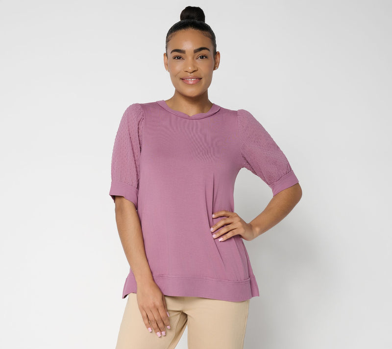 LOGO by Lori Goldstein Rayon 230 Elbow Sleeve Mixed Media Top — View 12