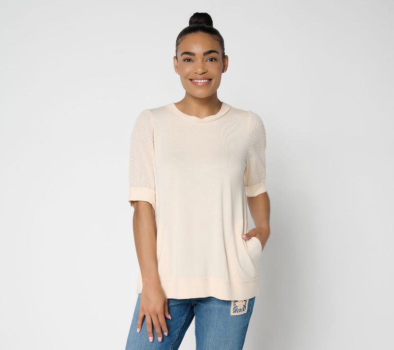 LOGO by Lori Goldstein Rayon 230 Elbow Sleeve Mixed Media Top — View 13