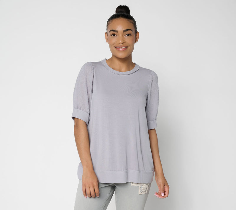 LOGO by Lori Goldstein Rayon 230 Elbow Sleeve Mixed Media Top — View 14