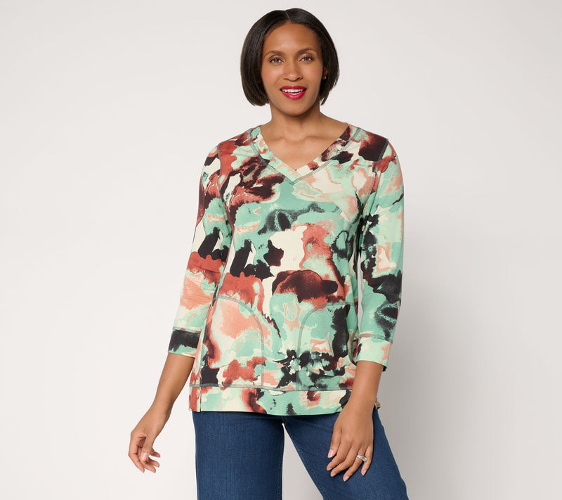 LOGO by Lori Goldstein Rayon 230 Printed V-Neck 3/4 Sleeve Top — View 14