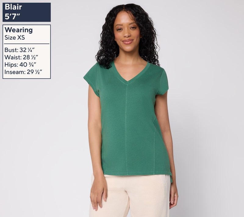 AnyBody Washed Cotton V-Neck Seamed Top With Cap Sleeve — View 2