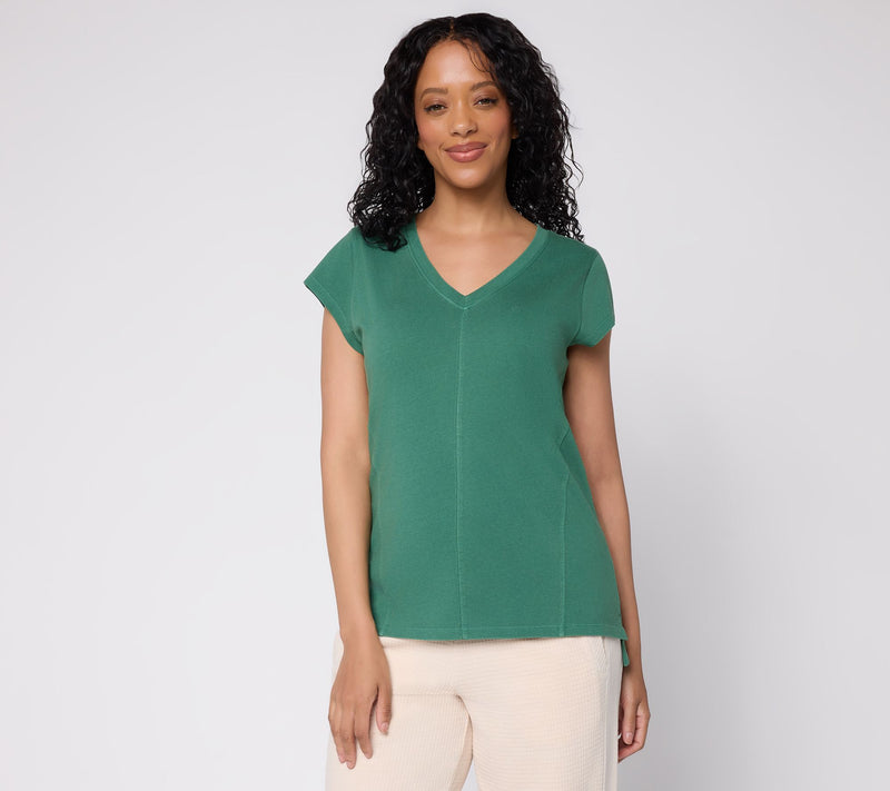 AnyBody Washed Cotton V-Neck Seamed Top With Cap Sleeve — Main view