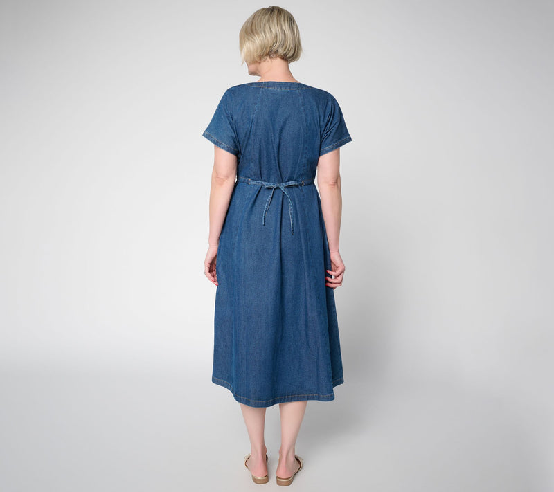 Martha Stewart Petite Signature Denim V-Neck Dress w/ Tie Waist — View 4