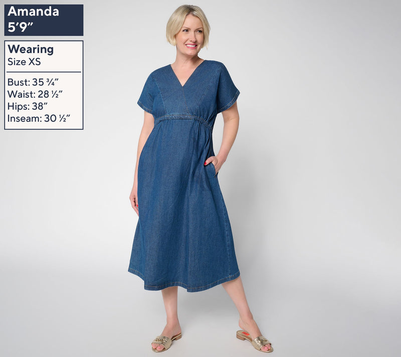 Martha Stewart Petite Signature Denim V-Neck Dress w/ Tie Waist — View 3