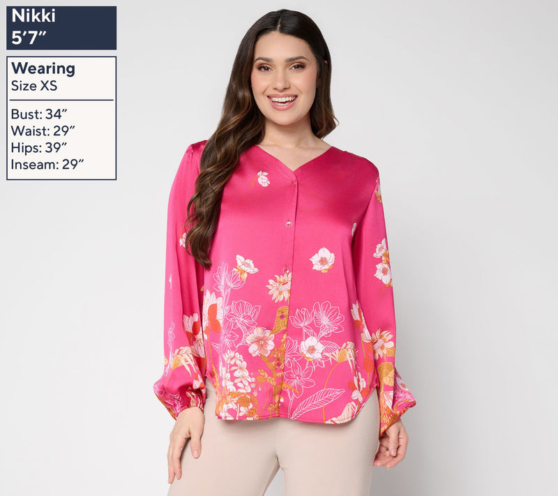Dennis Basso Regular Printed V-Neck Blouse with Hi/Low Hem — View 4