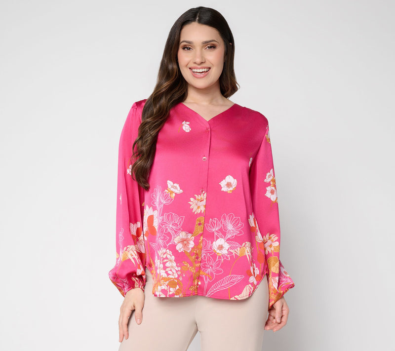 Dennis Basso Petite Printed V-Neck Blouse with Hi/Low Hem — Main view