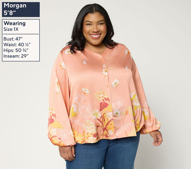 Dennis Basso Petite Printed V-Neck Blouse with Hi/Low Hem — View 3