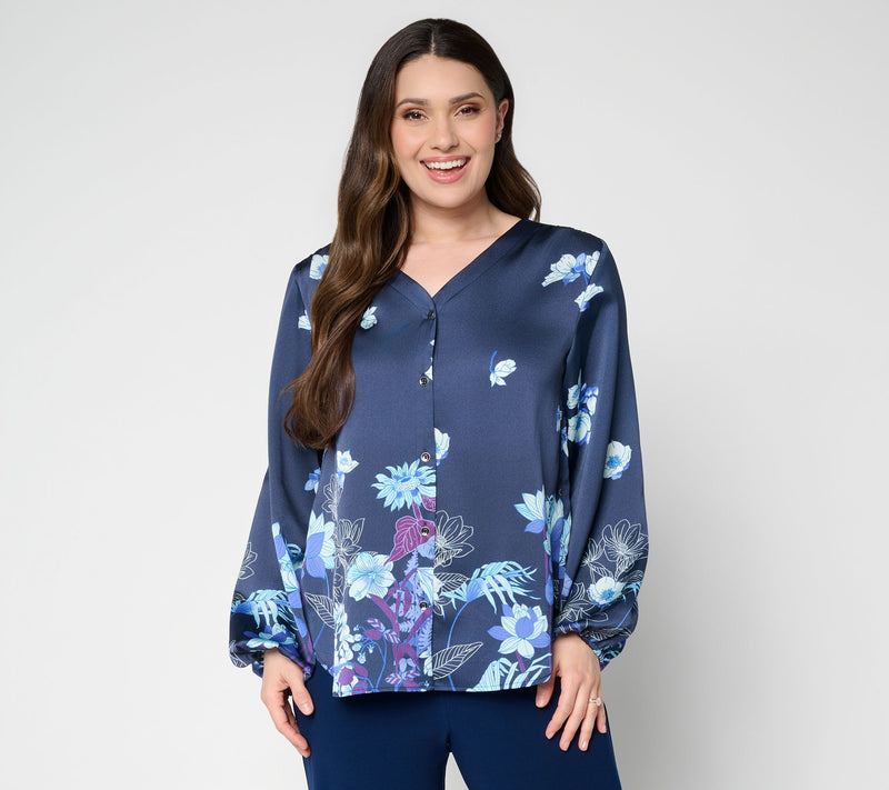 Dennis Basso Petite Printed V-Neck Blouse with Hi/Low Hem — View 16