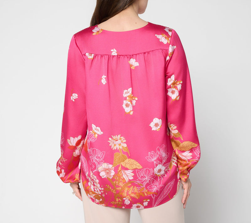 Dennis Basso Petite Printed V-Neck Blouse with Hi/Low Hem — View 5