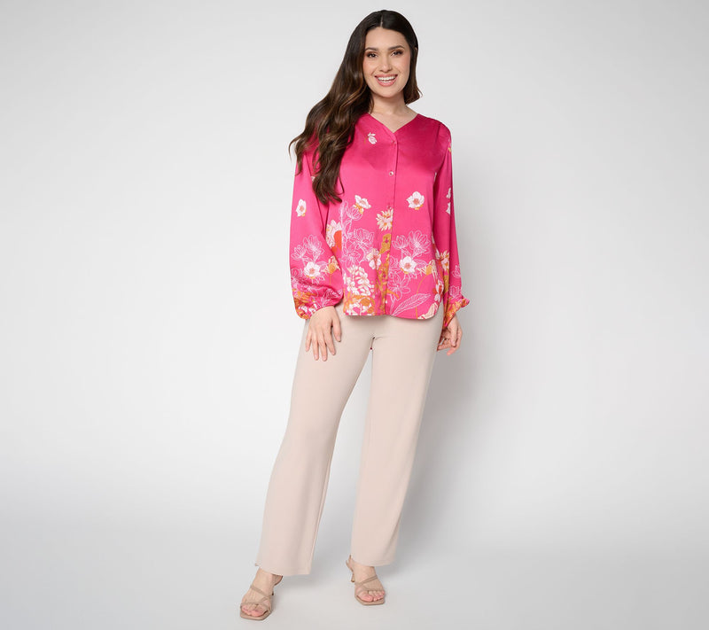 Dennis Basso Petite Printed V-Neck Blouse with Hi/Low Hem — View 6