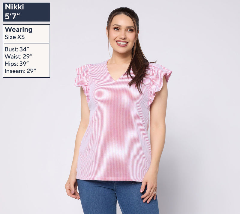 Liberty Belles by Kim Gravel Seersucker Ruffle Sleeve Mini Stripe Top — View 3
