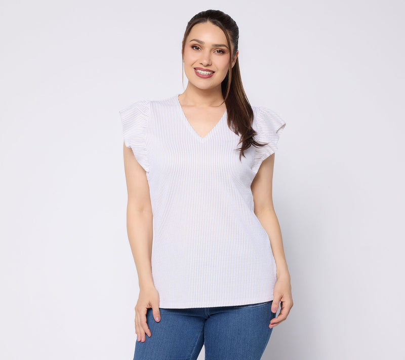 Liberty Belles by Kim Gravel Seersucker Ruffle Sleeve Mini Stripe Top — View 11