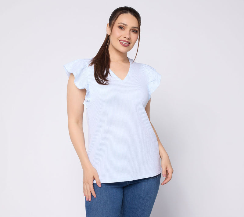 Liberty Belles by Kim Gravel Seersucker Ruffle Sleeve Mini Stripe Top — View 13