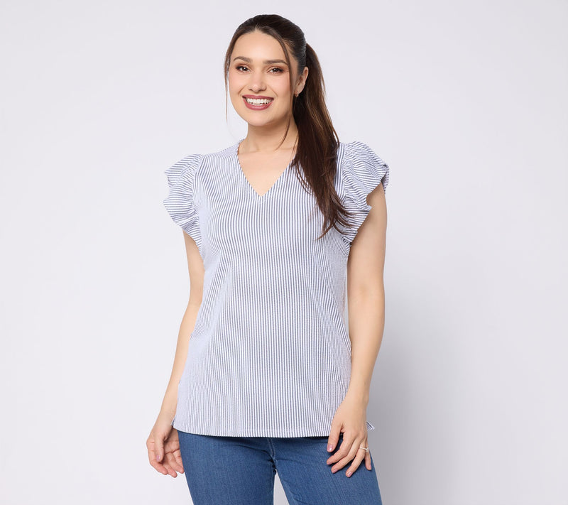 Liberty Belles by Kim Gravel Seersucker Ruffle Sleeve Mini Stripe Top — View 14