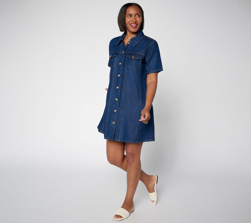 Flowee by Aimee Kestenberg Button Front Denim Dress with Pockets — View 12