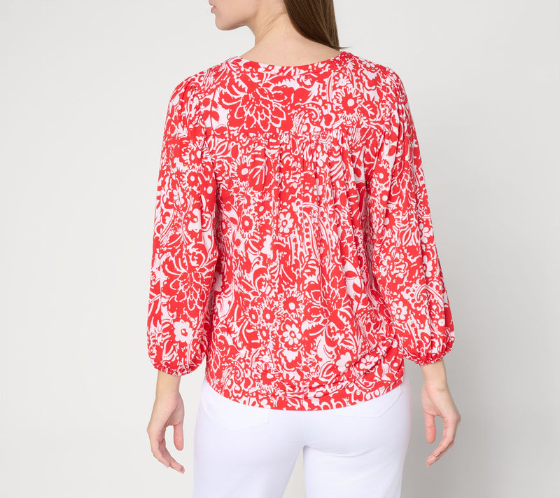 Susan Graver Printed Liquid Knit 3/4 Sleeve Split Neck Top — View 3