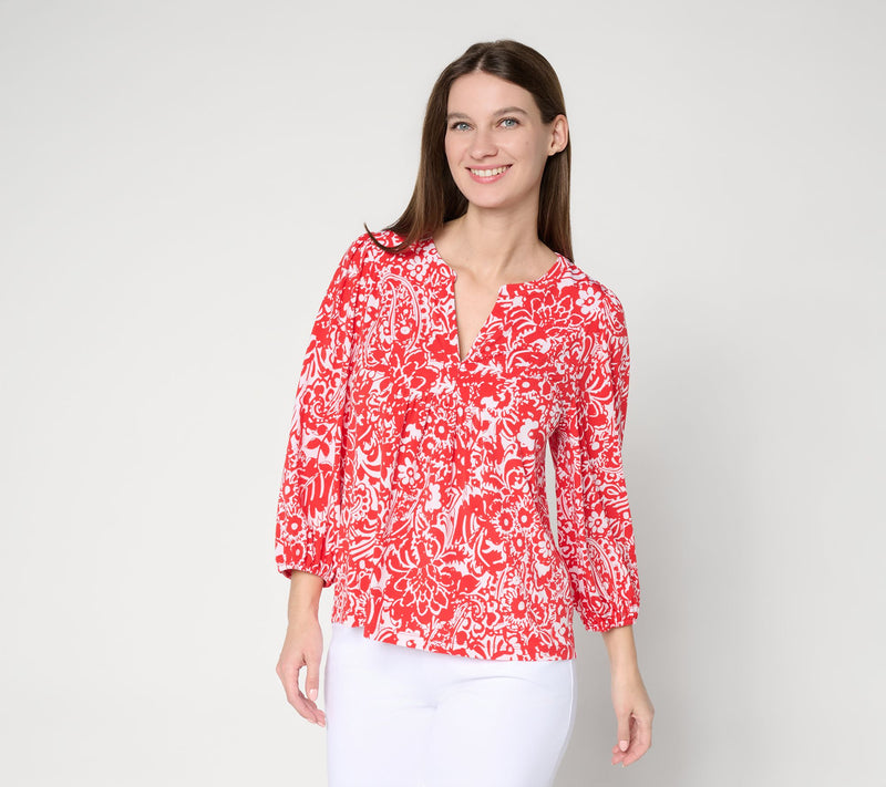 Susan Graver Printed Liquid Knit 3/4 Sleeve Split Neck Top — Main view