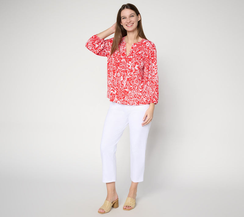Susan Graver Printed Liquid Knit 3/4 Sleeve Split Neck Top — View 4