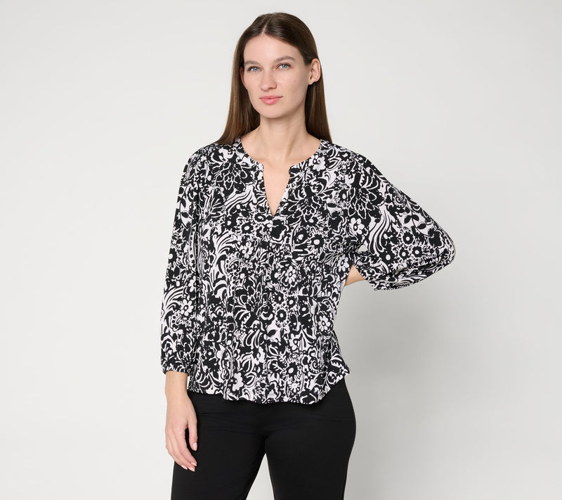 Susan Graver Printed Liquid Knit 3/4 Sleeve Split Neck Top — View 10