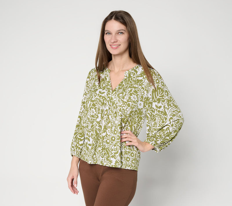 Susan Graver Printed Liquid Knit 3/4 Sleeve Split Neck Top — View 11
