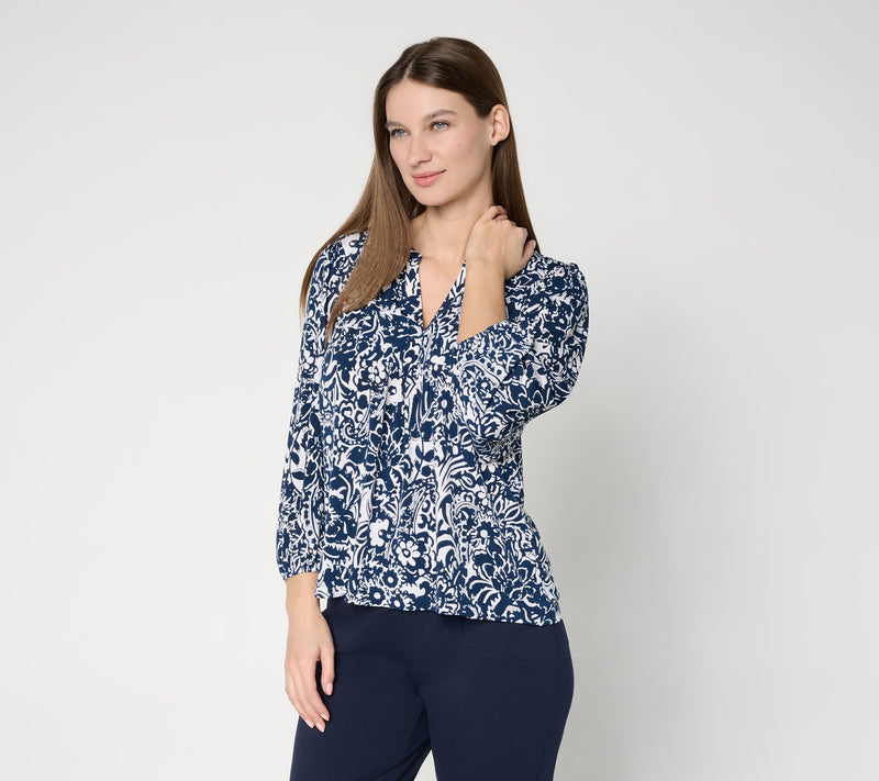 Susan Graver Printed Liquid Knit 3/4 Sleeve Split Neck Top — View 13