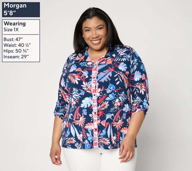 Susan Graver Printed Liquid Knit Button Front Top — View 2