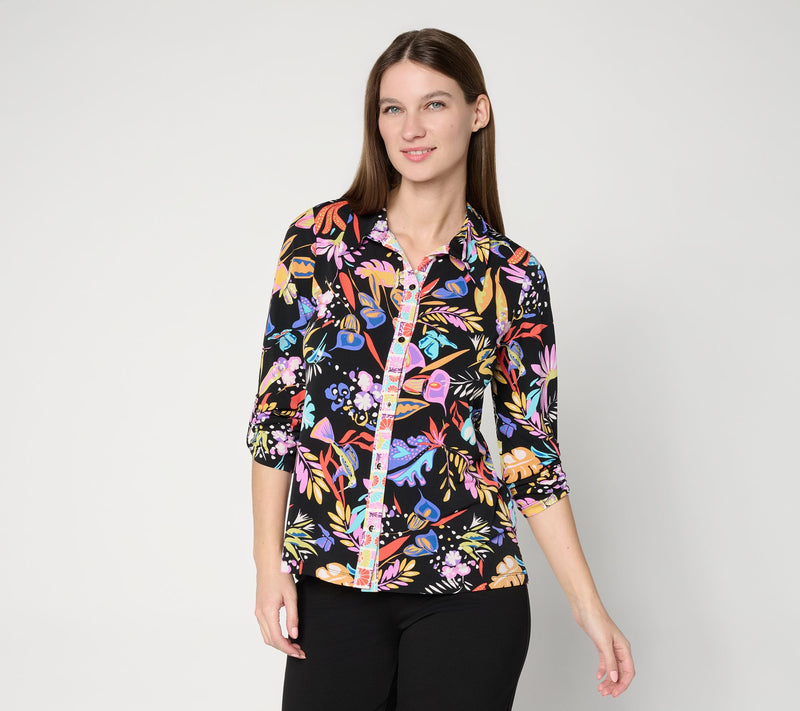 Susan Graver Printed Liquid Knit Button Front Top — View 10