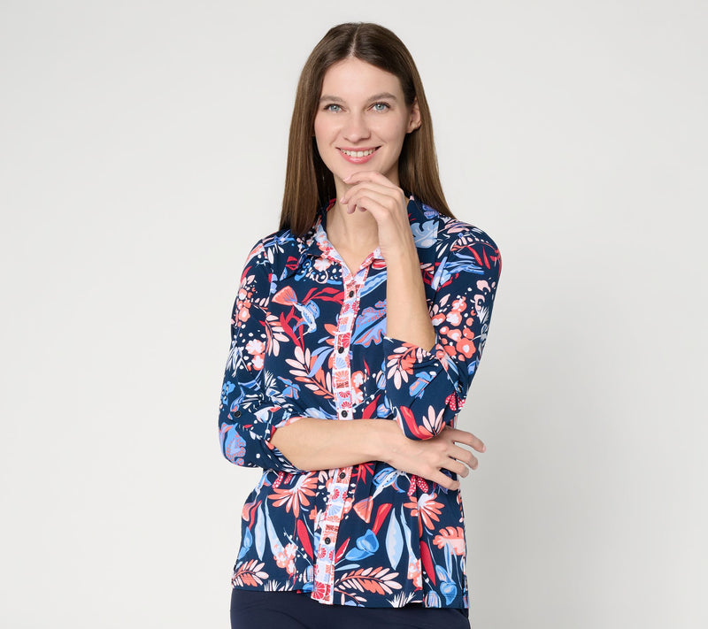 Susan Graver Printed Liquid Knit Button Front Top — View 11