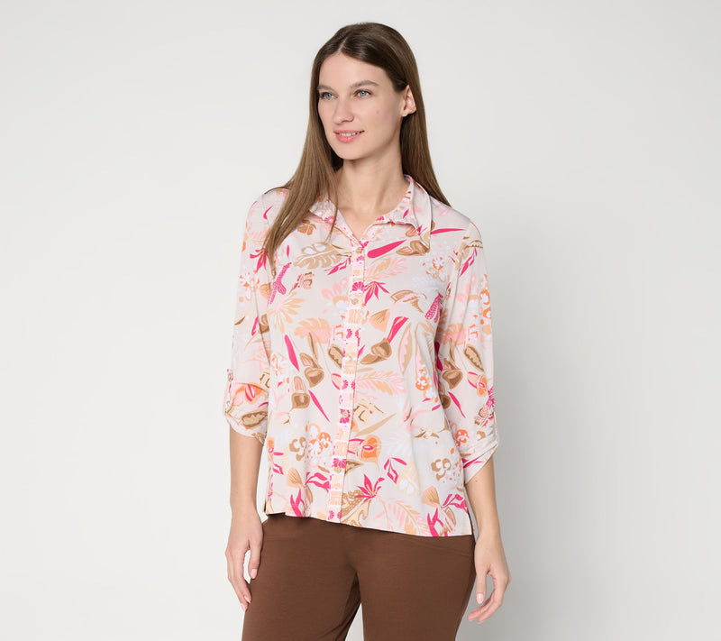 Susan Graver Printed Liquid Knit Button Front Top — View 12