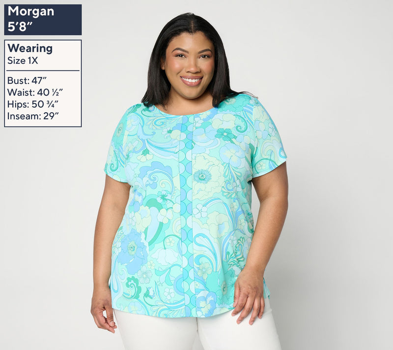 Susan Graver Petite Printed Liquid Knit Short Sleeve Tunic — View 2