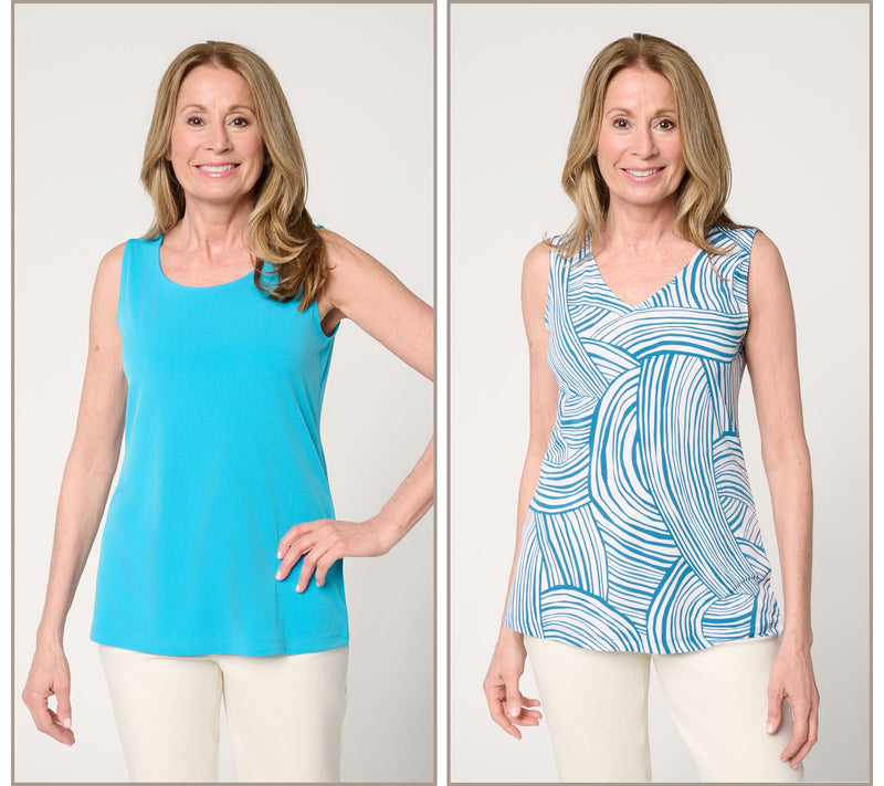 Susan Graver Print & Solid Liquid Knit Set of 2 Tank Tops — View 12