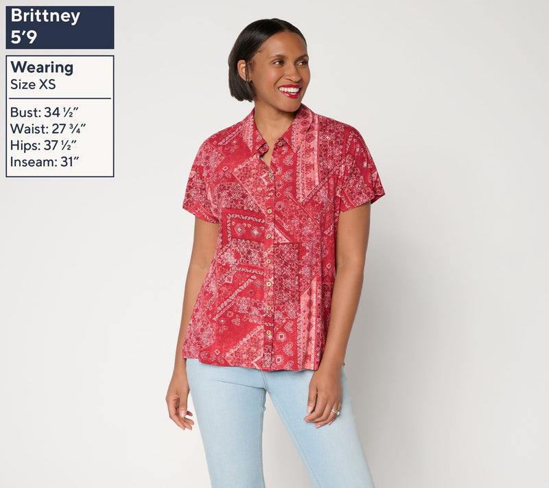 Susan Graver Weekend Printed Rayon Allure Knit Button Front Top — View 5