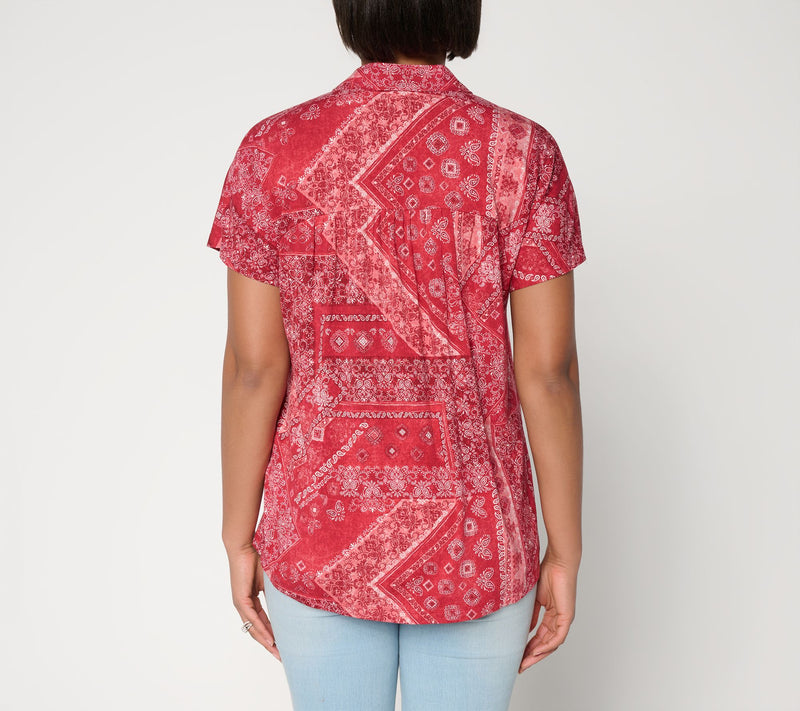 Susan Graver Weekend Printed Rayon Allure Knit Button Front Top — View 6