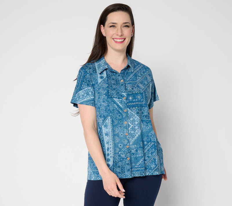 Susan Graver Weekend Printed Rayon Allure Knit Button Front Top — View 3