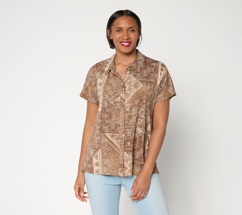 Susan Graver Weekend Printed Rayon Allure Knit Button Front Top — View 14