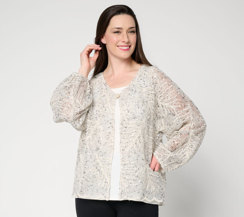 Susan Graver Metallic Open Stitch 3/4 Sleeve Cardigan — Main view