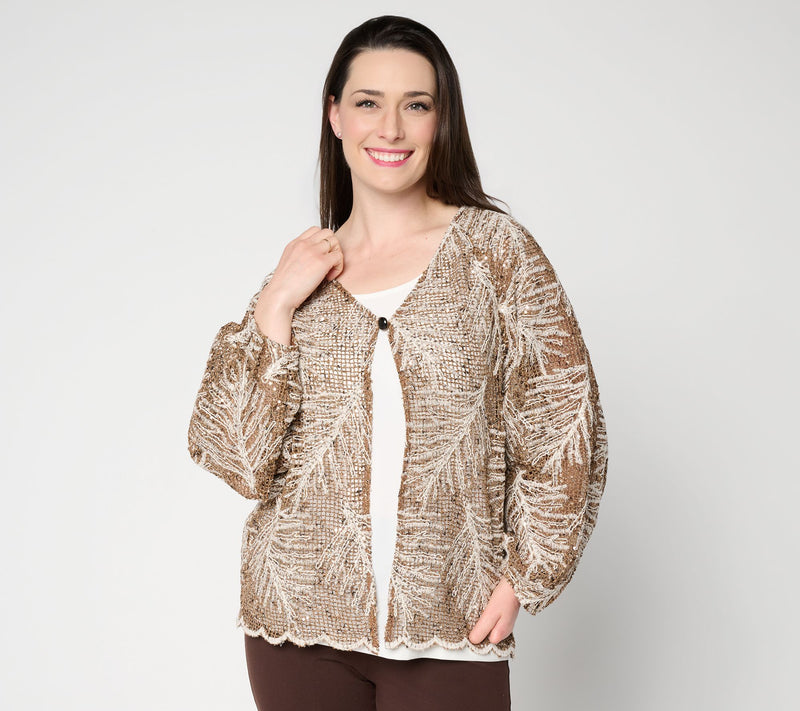 Susan Graver Metallic Open Stitch 3/4 Sleeve Cardigan — View 5