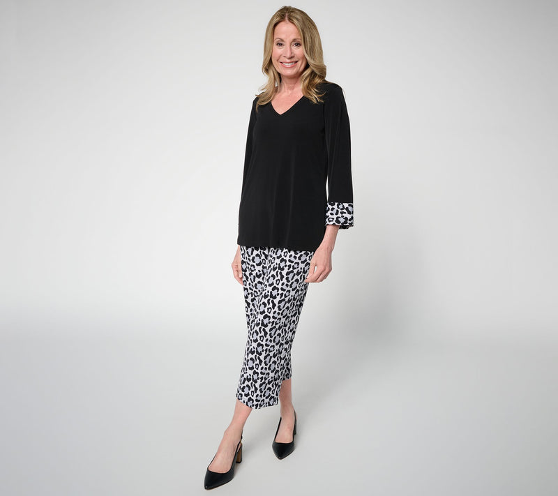 Susan Graver Regular Solid Liquid Knit Top & Printed Crop Pants Set — View 5