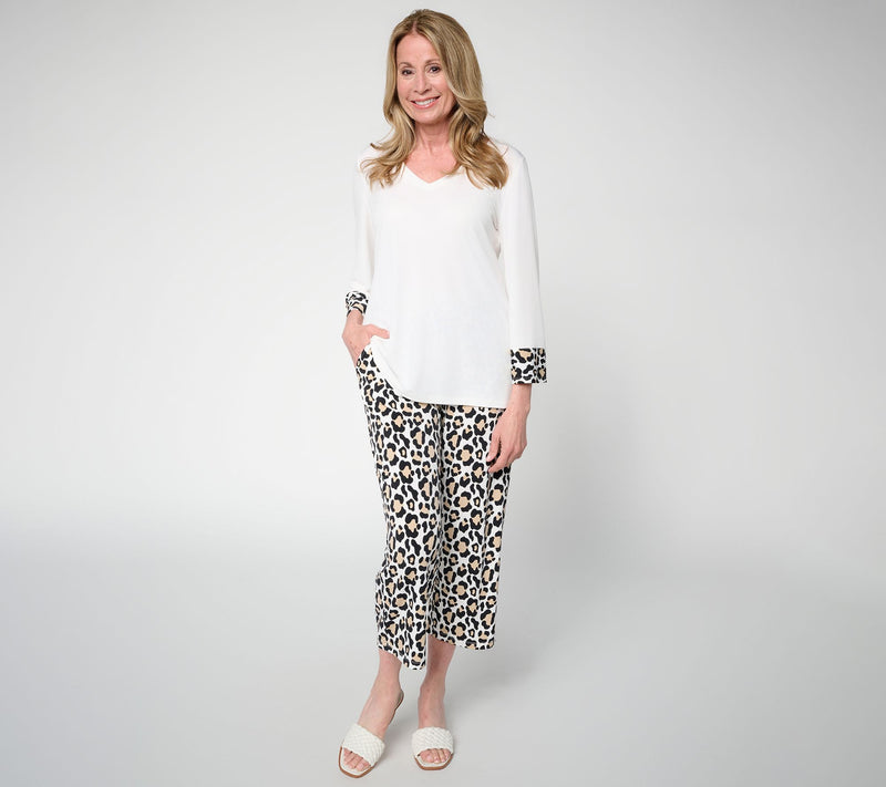 Susan Graver Regular Solid Liquid Knit Top & Printed Crop Pants Set — View 9