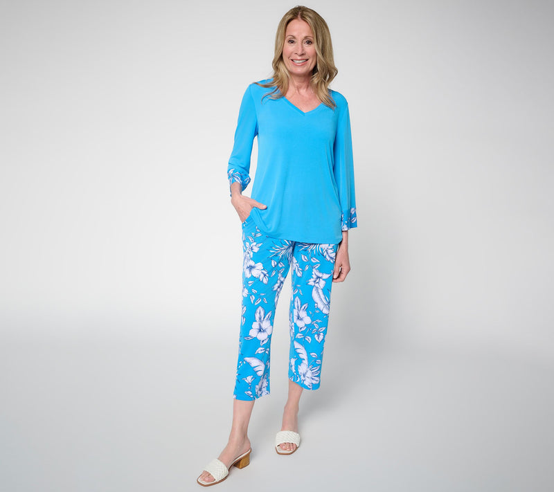 Susan Graver Petite Solid Liquid Knit Top & Printed Crop Pants Set — Main view