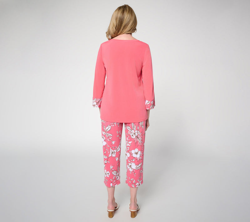 Susan Graver Petite Solid Liquid Knit Top & Printed Crop Pants Set — View 12