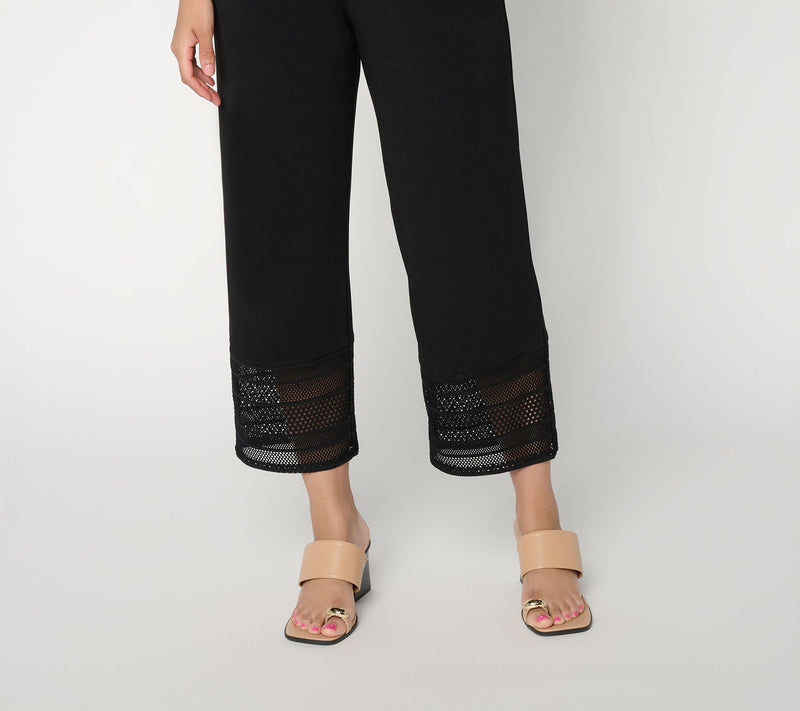 Susan Graver Petite Liquid Knit Crop Pant with Crochet Lace — Main view