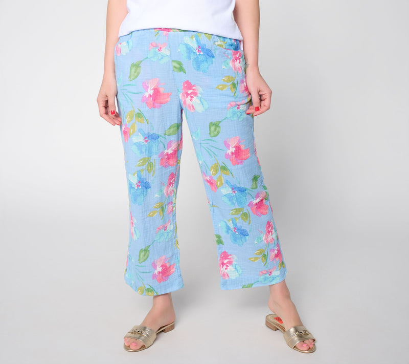 Susan Graver Regular Getaway Cotton Gauze Wide Leg Crop Pants — View 7