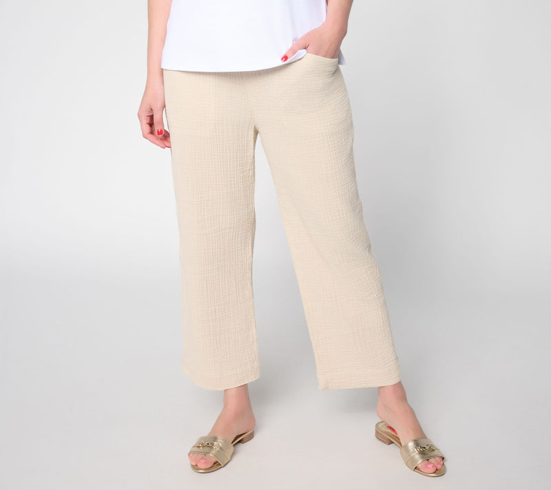 Susan Graver Petite Getaway Cotton Gauze Wide-Leg Crop Pants — View 11