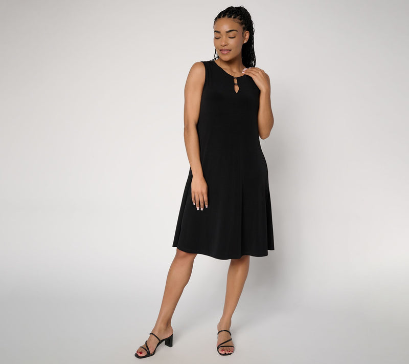 Susan Graver Petite Liquid Knit A-Line Dress in Prints or Slids — View 12