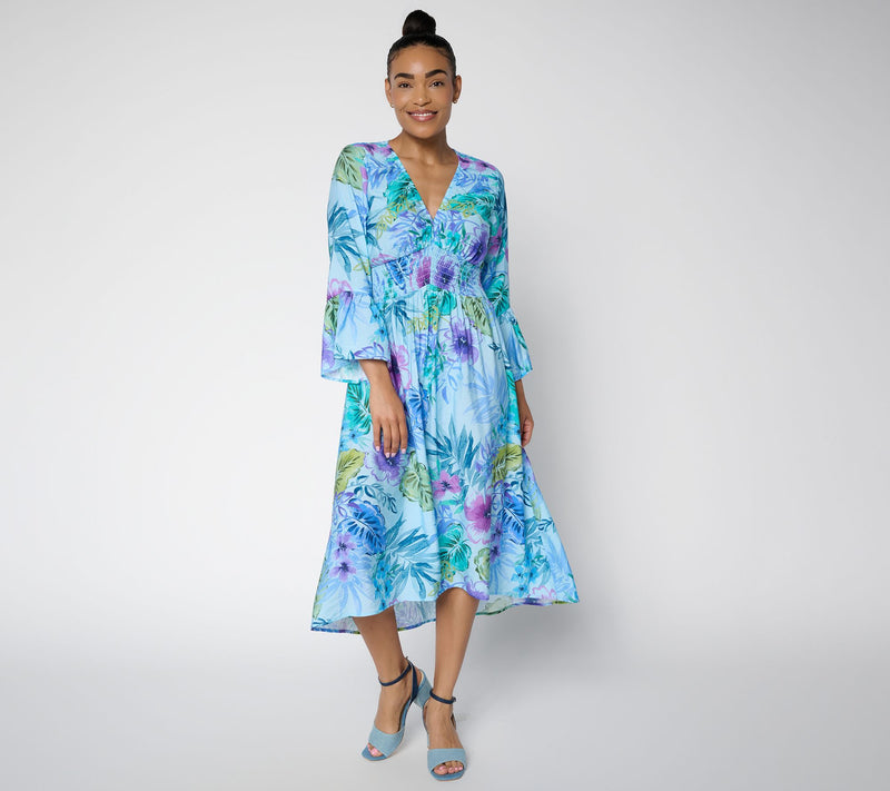 Susan Graver Regular Printed Dolce Woven Smocked Waist Midi Dress — View 10